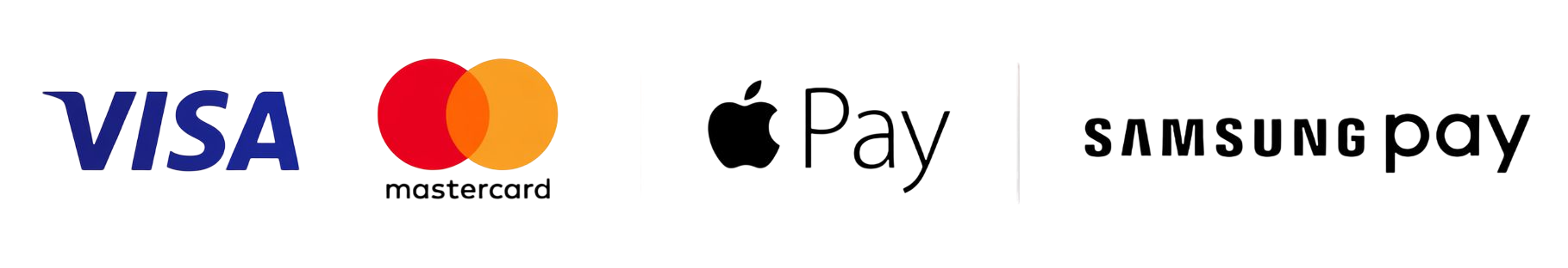 Visa, Mastercard, Apple Pay, Samsung Pay